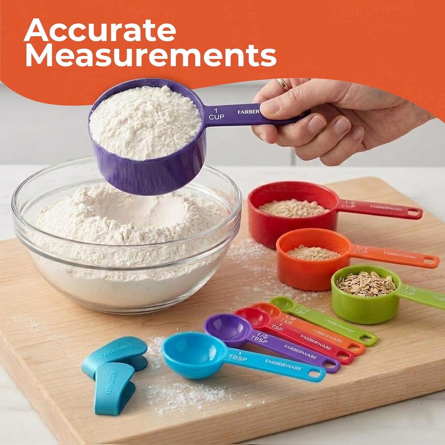 Farberware Kitchen Basics Measuring Cup & Spoon Set – 9-Piece Colorful Nesting Stackable Cups & Spoons with Ring Organizer, Easy-Read Markings for Cooking & Baking, Durable Plastic Kitchen Tools