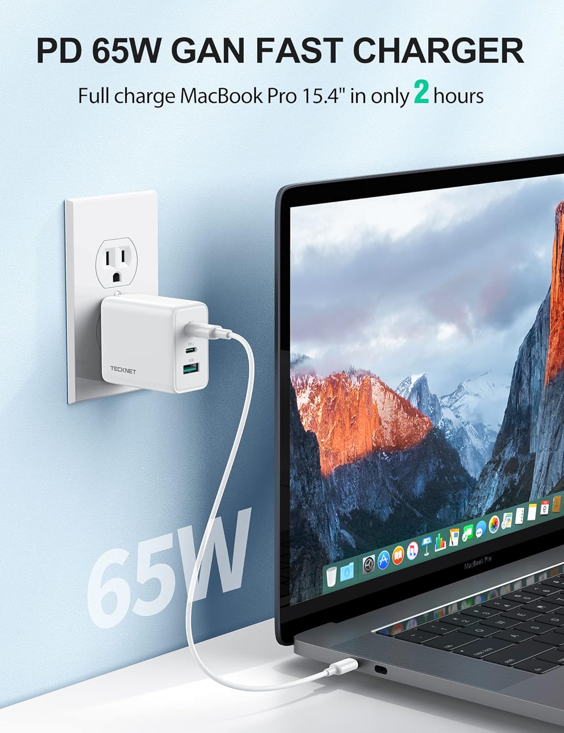 TECKNET 65W GaN Wall Charger PD 3.0 USB-C Fast Charger,3-Port Foldable Travel Adapter for iPhone 16 Pro Max/16 Pro/16 Plus/16/15/Galaxy S24/S25/MacBook Pro/Switch and More Series(White)