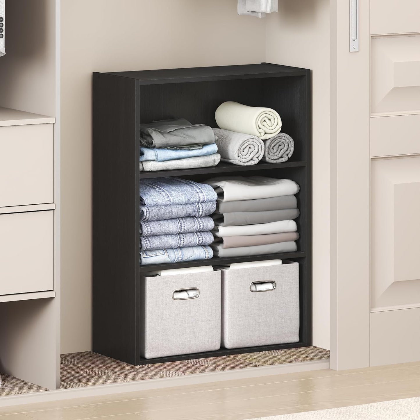 Furinno HERMITE Kitchen Island, 4-Cube Coffee Bar, Extra Thick Kitchen Storage, Bakers Rack, for Pantry Organizers and Storage, Kitchen Organization, Black Dark Oak