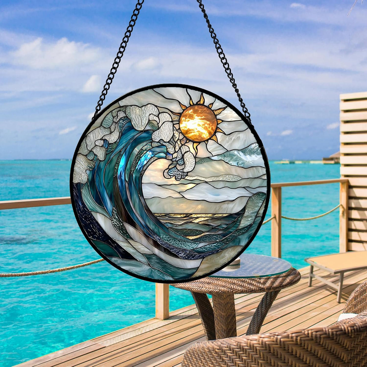 Blue and White Waves Stained Glass Window Hanging Suncatcher Gifts 12"