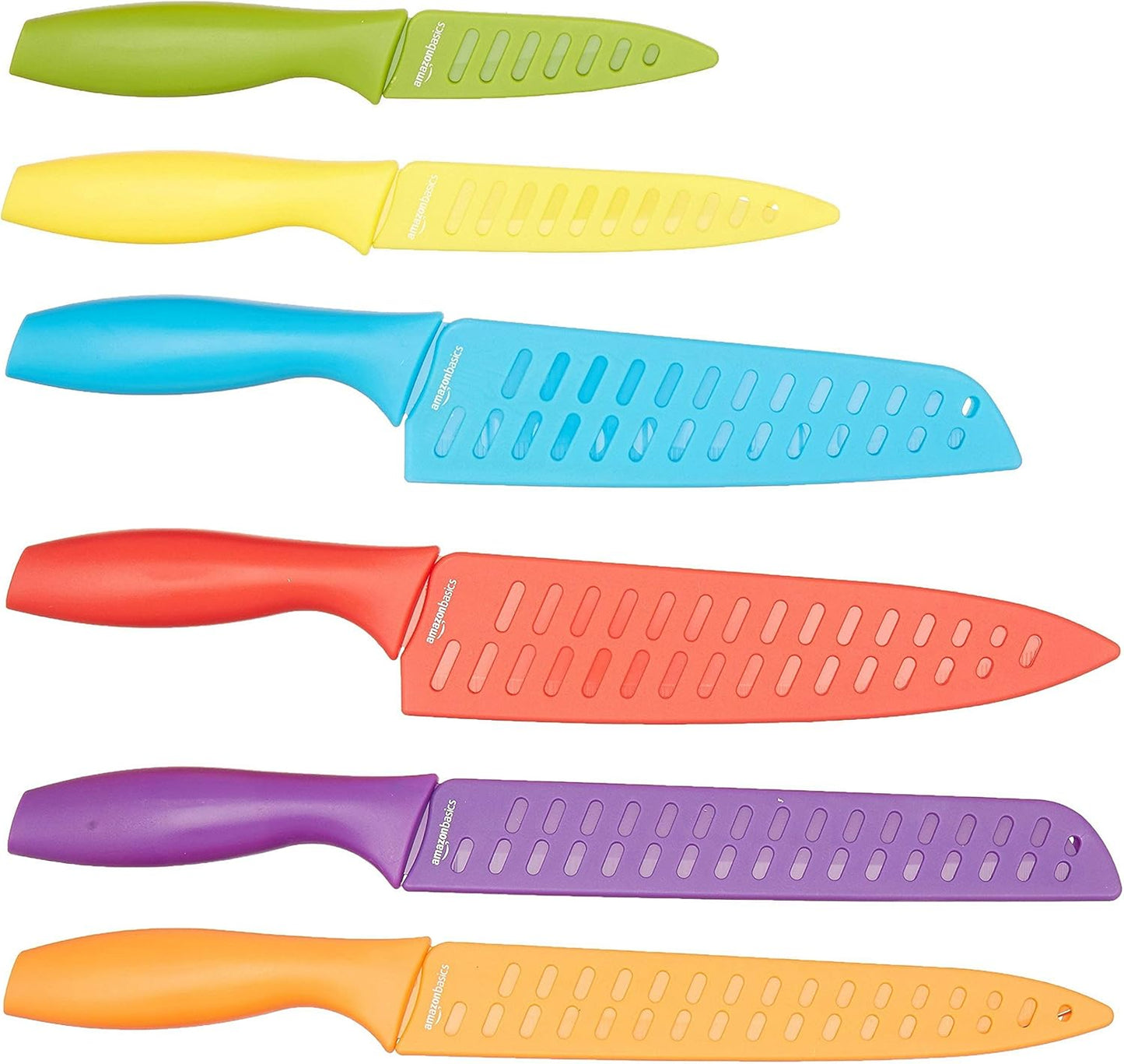 Amazon Basics Color-Coded Dishwasher Safe Kitchen Knife Set, 12-Piece with Ergonomic Handles, Non-stick Sharp Blades, 6 Knives with 6 Blade Guards, Multicolor, 13.88 x 4.13 x 1.38 inch