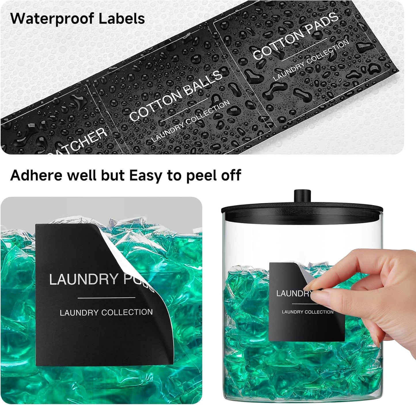 3 Pack Glass Jars and Acrylic Dryer Sheet Holder, Laundry Pods Container with Bamboo Lid and Measuring Cups for Laundry Room Organization, Powder Detergent Containers (Black)