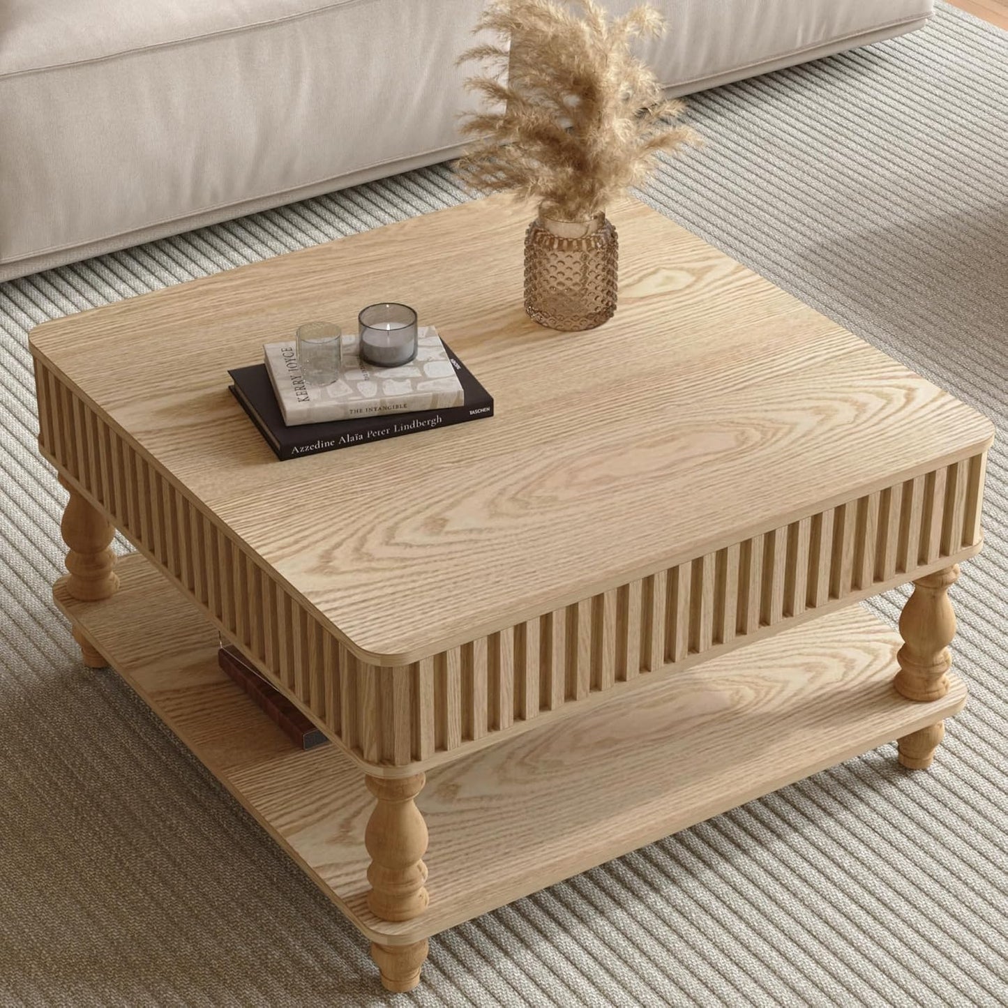 31.5 Inch Square Lift Top Coffee Table with Hidden Storage, 2 Tier Wooden Square Fluted Coffee Table with Open Shelf & Sculpted Leg, Retro Center Table for Living Room, Apartment, Home Office, Natural