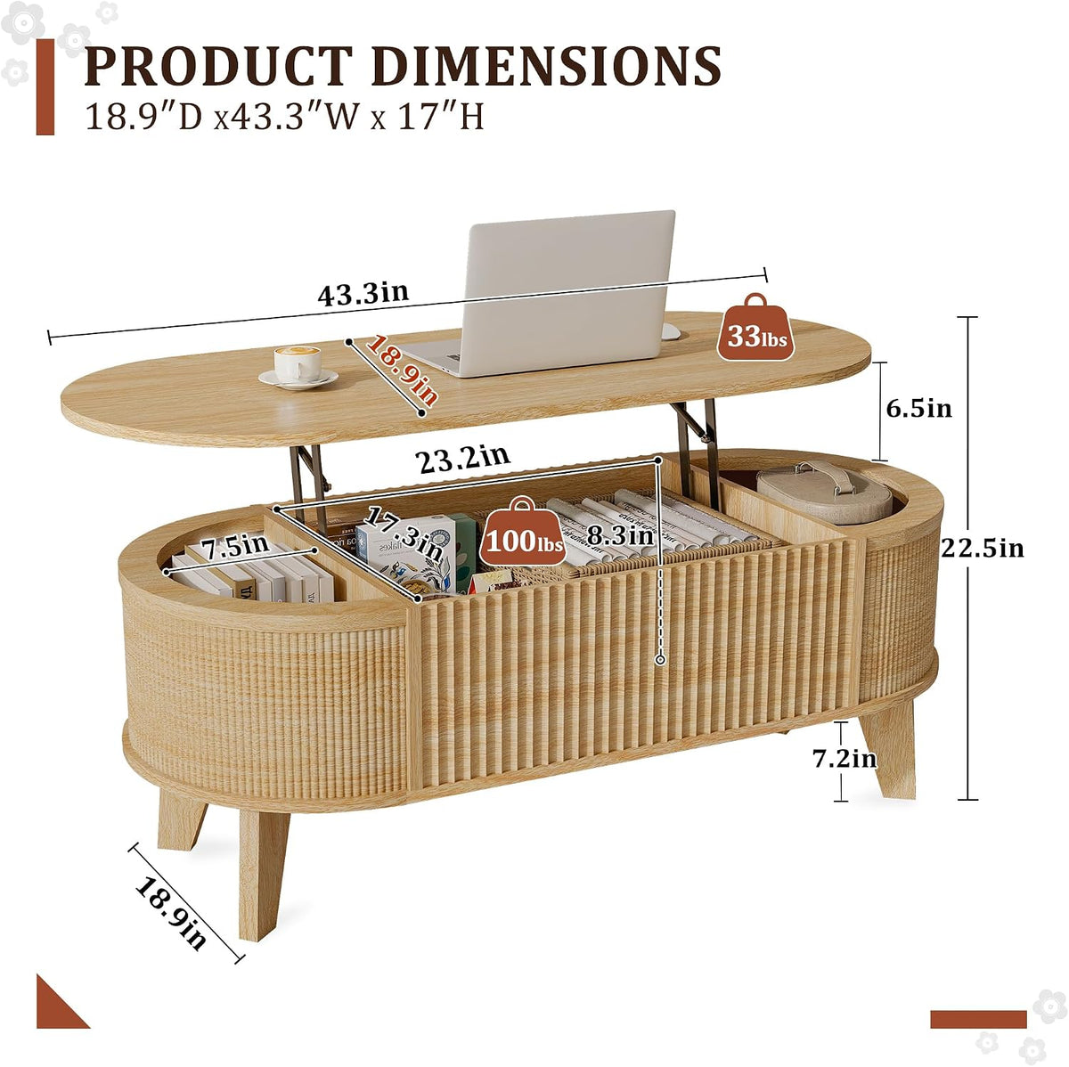 LYNCOHOME 43.3" Fluted Lift Top Coffee Table for Living Room, Oval, Oak