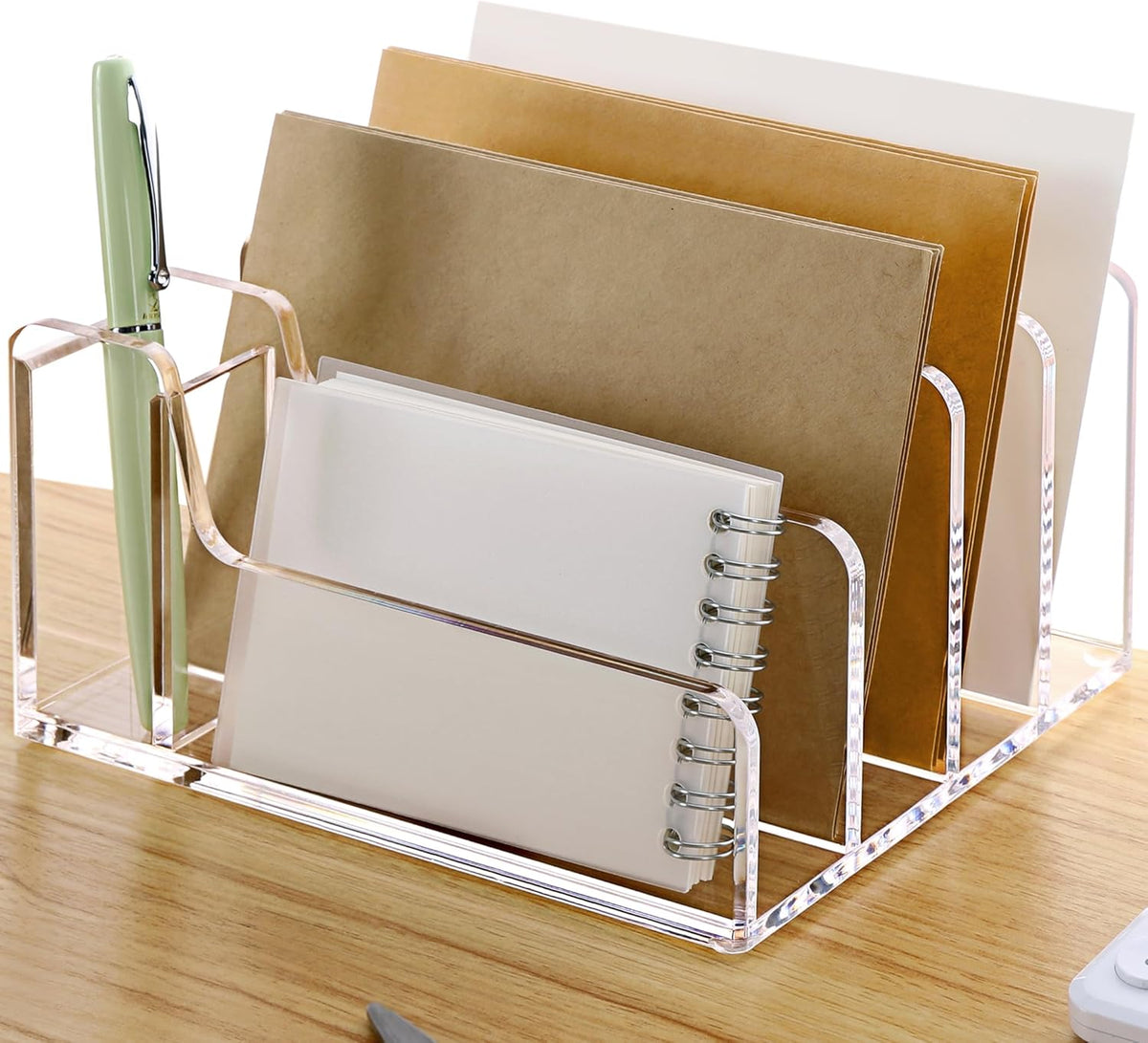 SANRUI Acrylic Mail Organizer with Pen Holder, Clear Mail Sorter, 4-Slot