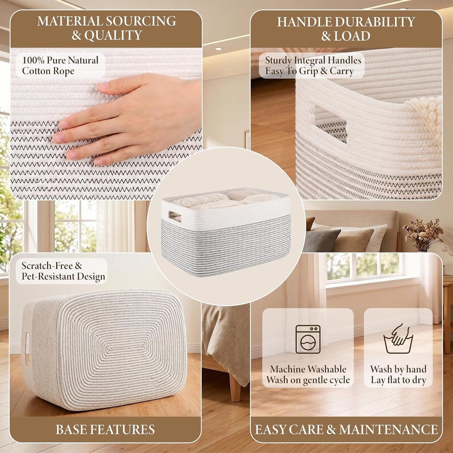 75L Large Cotton Rope Basket, Soft Toy Storage Bin for Nursery & Living Room, Decorative Blanket Basket for Bedroom, Baby-Safe Organizer for Pillows &Laundry, 22''×17''×12'', Black & White