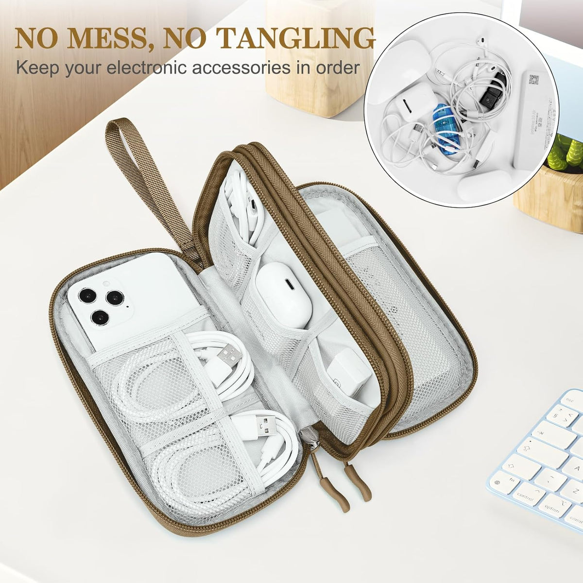 FYY Electronic Organizer, Travel Cable Organizer Bag Pouch Electronic Accessories Carry Case Portable Waterproof Double Layers All-in-One Storage Bag for Cable, Cord, Charger, Phone, Earphone Brown