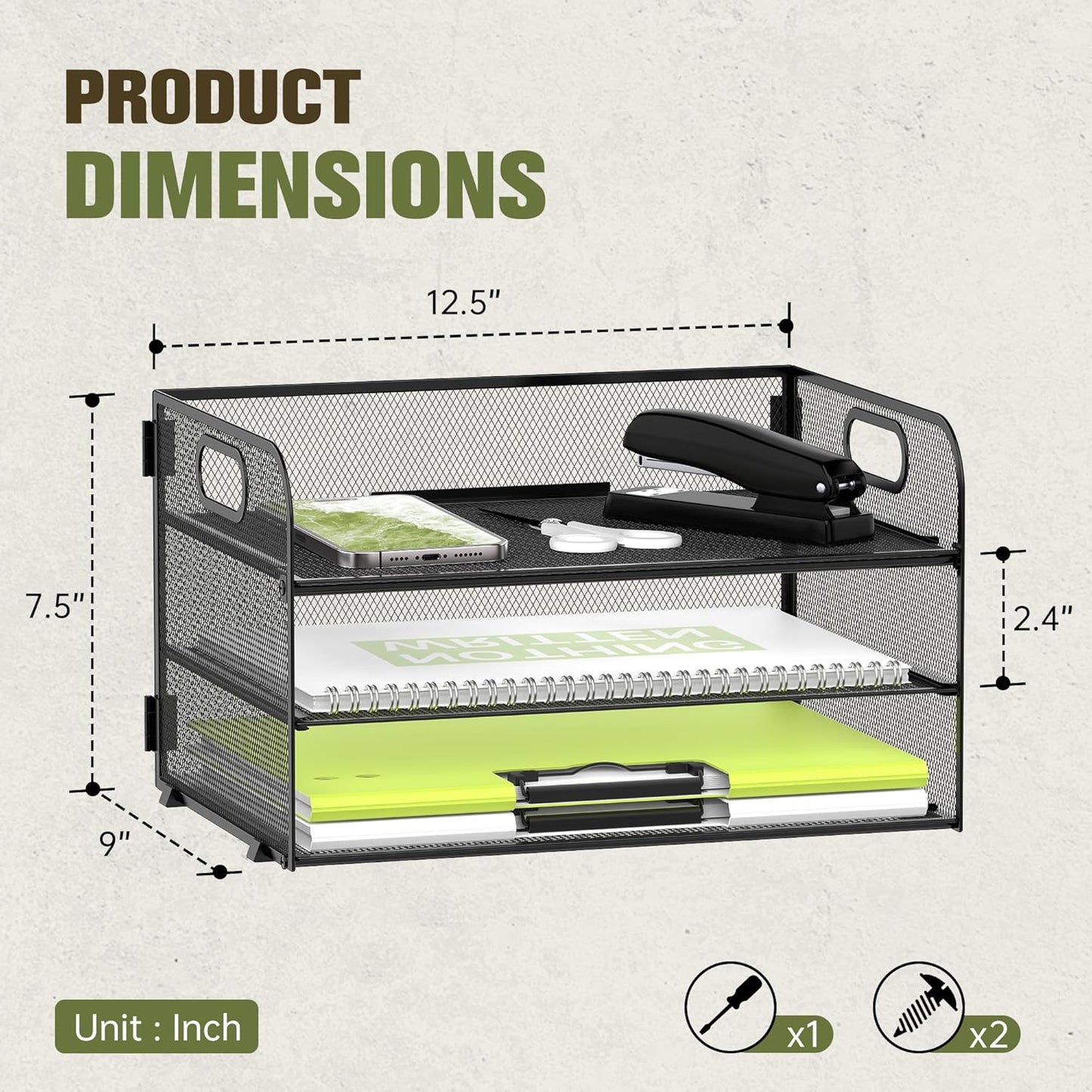 DALTACK 3 Tier Paper Organizer with Handle, Mesh Metal Desk Organizer with Sliding Paper Trays for Letter/A4 Paper, Mail, Bills & Folders, Black 2 Pack