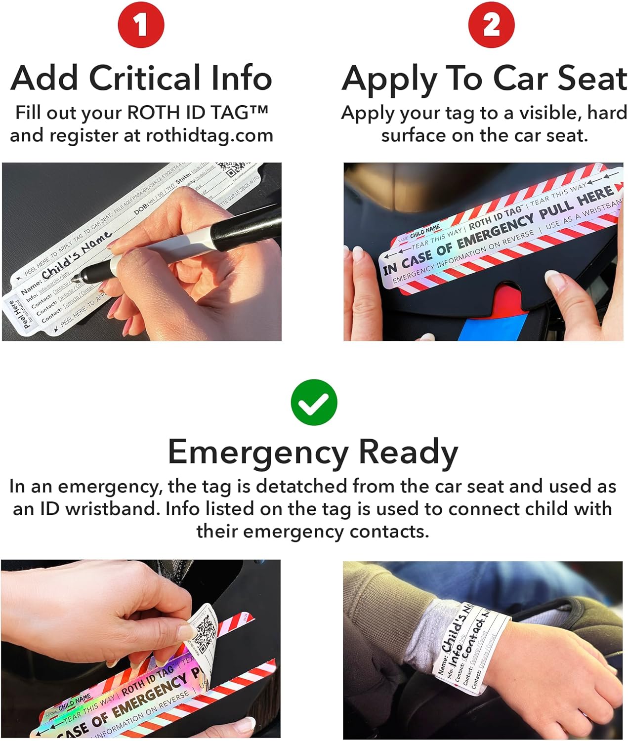 Emergency Contact Identification System for Car Seats, Booster Seats, Baby Gear | Original ROTH ID TAG Kit (2 Tags)
