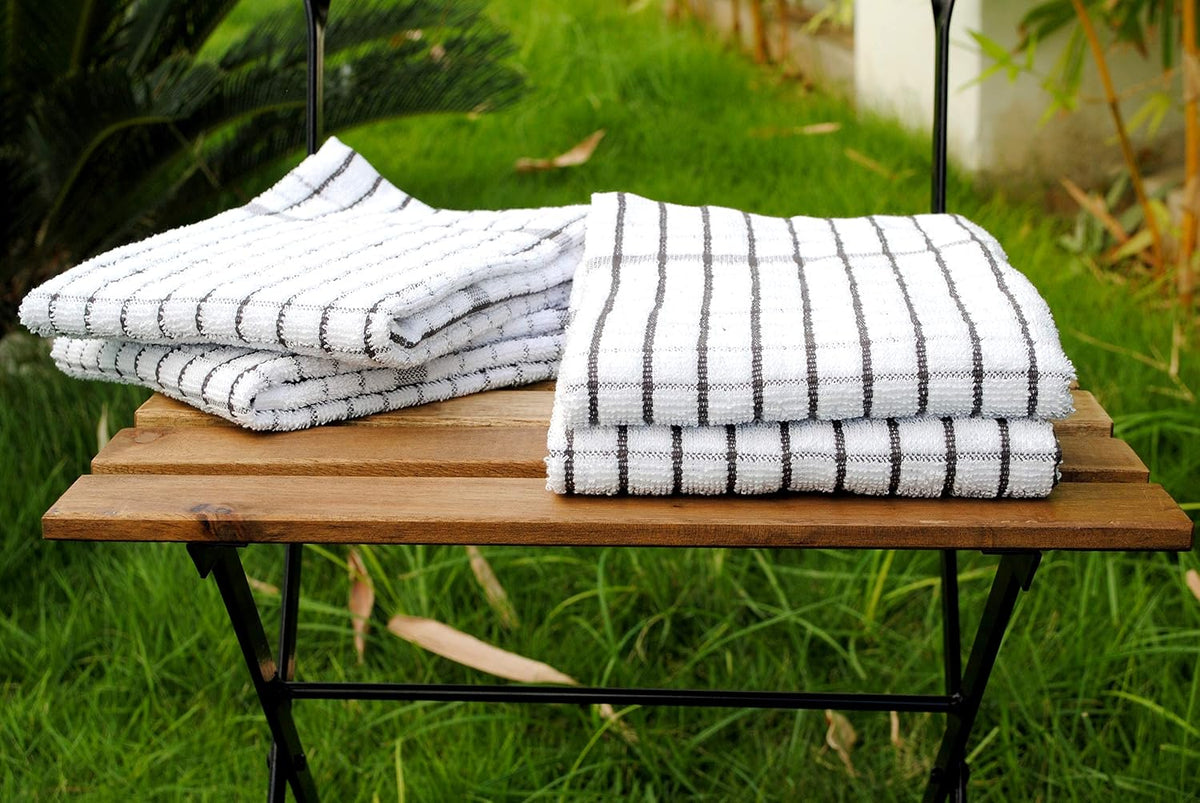 AMOUR INFINI Kitchen Towels Set of 4 - Highly Absorbent, Super Soft Terry Cotton 20x28 Inch Dish Towels with Hanging Loop - Hand & Tea Towels for Cleaning & Drying Dishes (D.Grey)