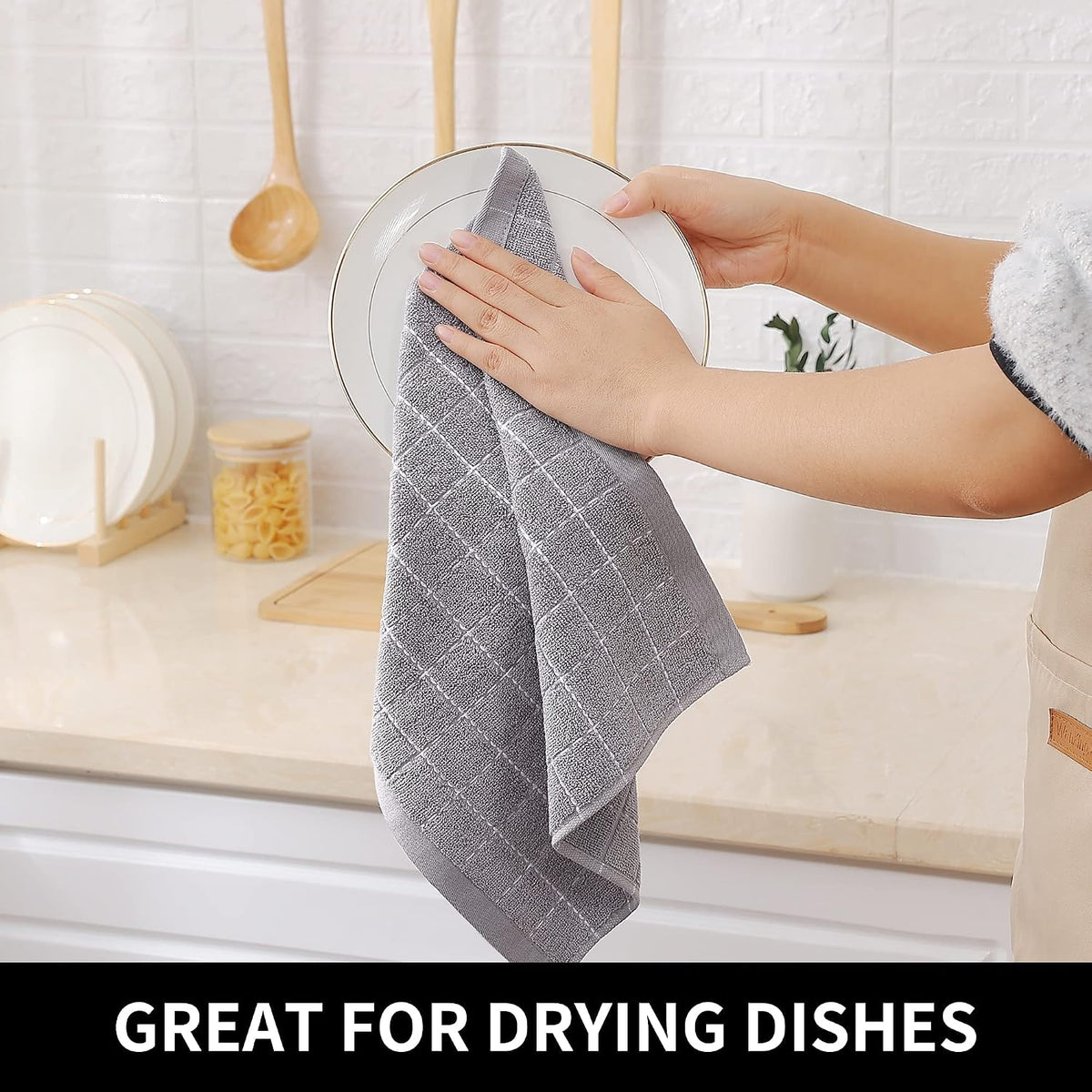 Homaxy 100% Cotton Terry Kitchen Dish Cloths, 8 Pack, Light Grey