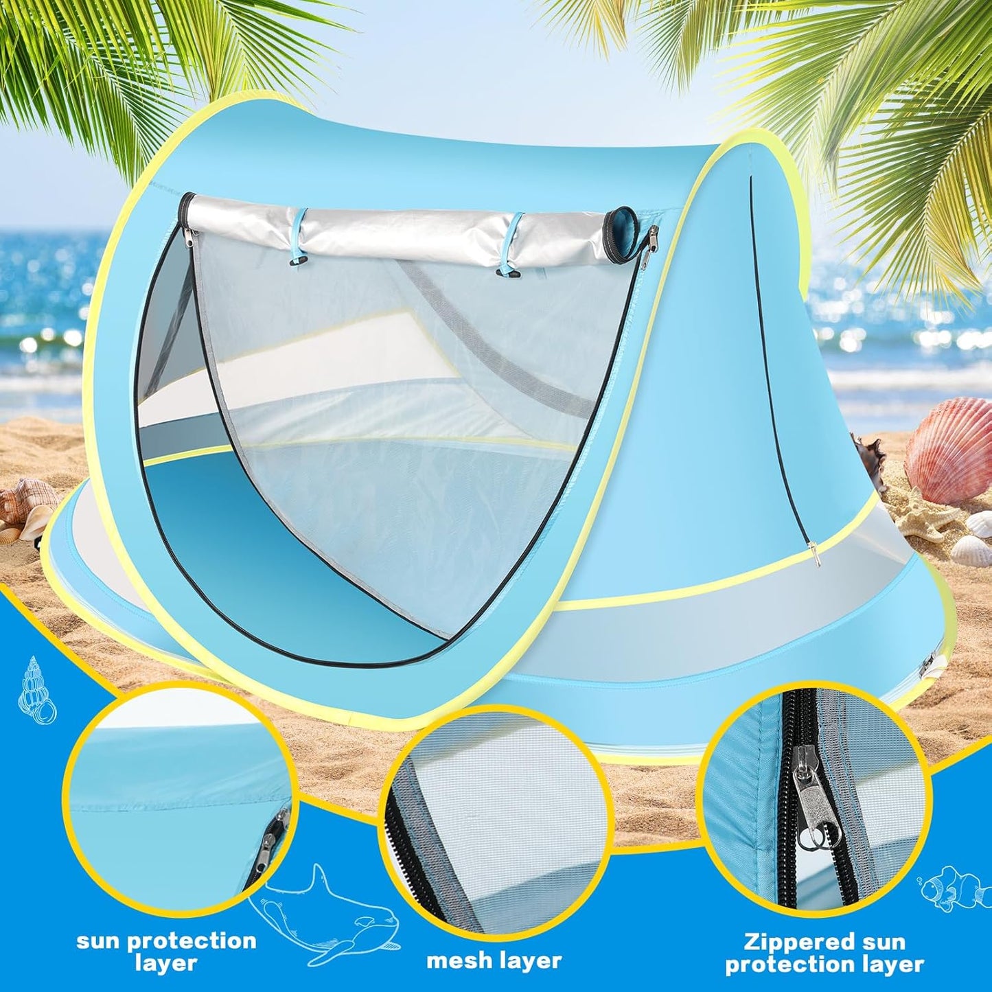 Baby Beach Tent, Pop Up Toddler Travel Bed for Boys or Girls, Sun Shade for Toddler Camping, Infant Portable Sun Shade, Summer Beach Baby