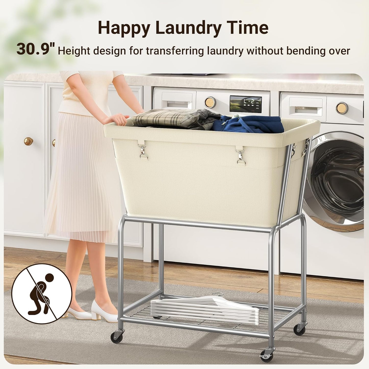 ELYKEN Rolling Laundry Hamper with Wheels, 32-Gallon (122L) Laundry Cart with Removable Bag, 2-Tier Clothes Basket Hamper with Shelf for Closet, Bedroom, Bathroom, Laundry Room, Cream