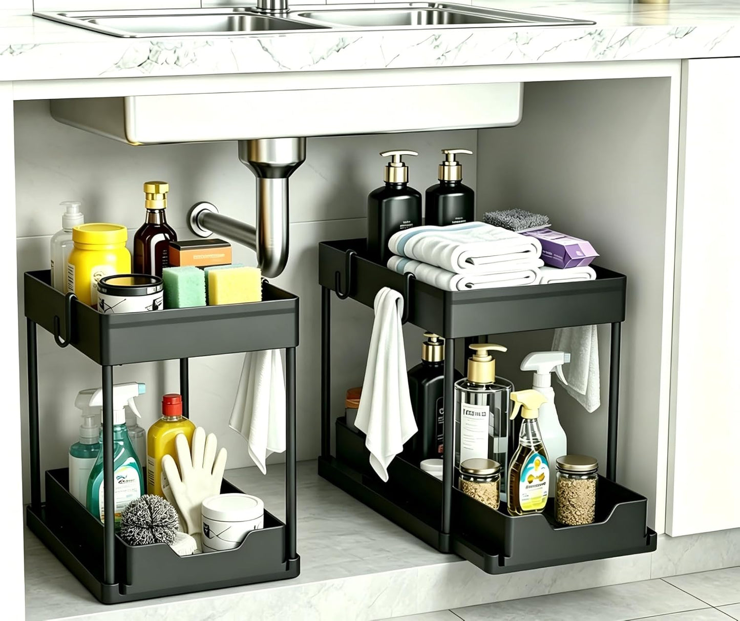 DEKAVA Cabinet, 2 Pack Under Sink Organizer, 2 Tier Sliding Bathroom Kitchen Organizer, Large White ABS Baskets, Easy Install & Clean