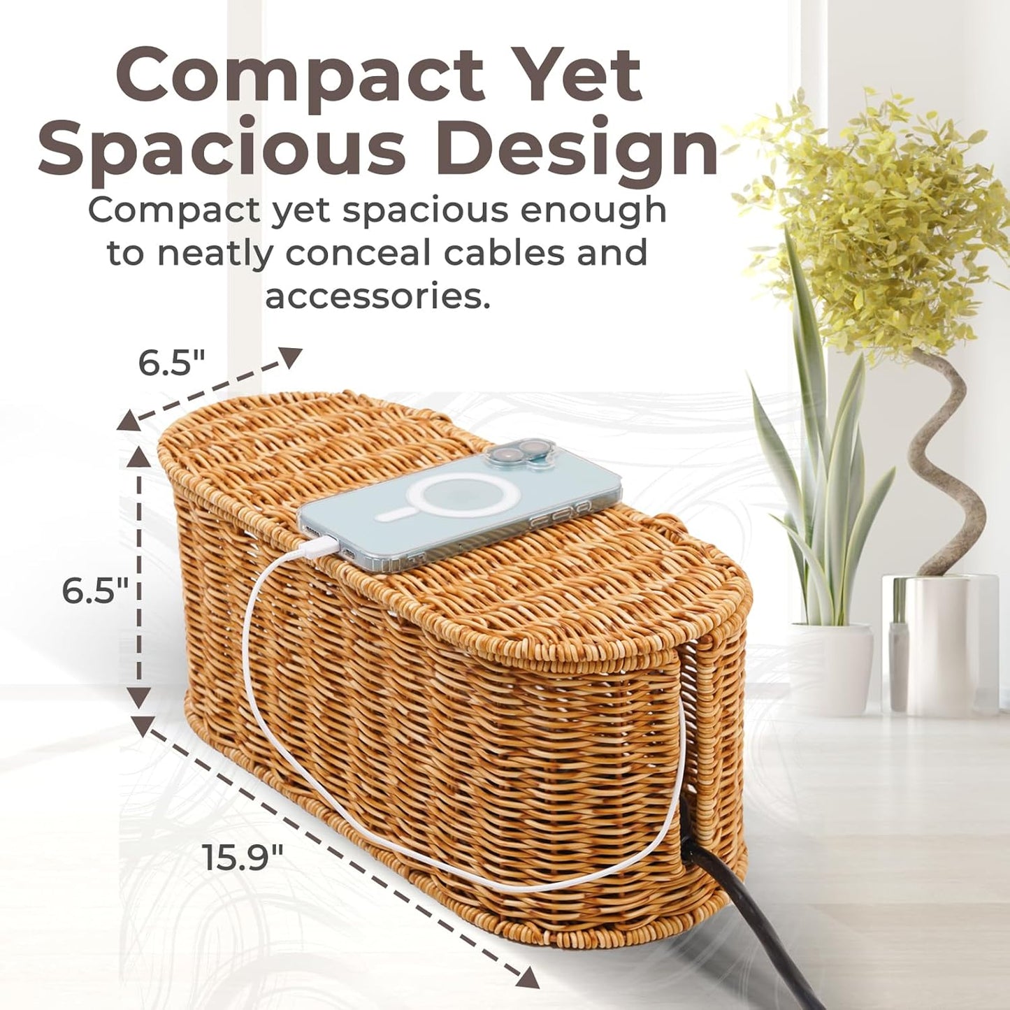 Cable Management Box, Handmade Rattan Cord Organizer for Power Strip | Large Oval Cord Hider with Open Slots for Power Strip, Router & USB Hub