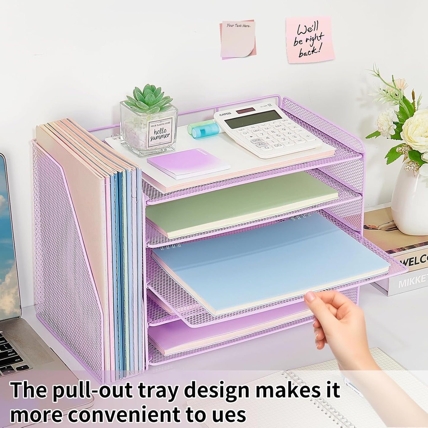 OPNICE Desk Organizer, 5-Tier Paper Organizer Letter Tray with Magazine Holder, Office Desk Accessories & Workspace Organizers, Desktop File Organizer for Office Supplies Storage, Purple