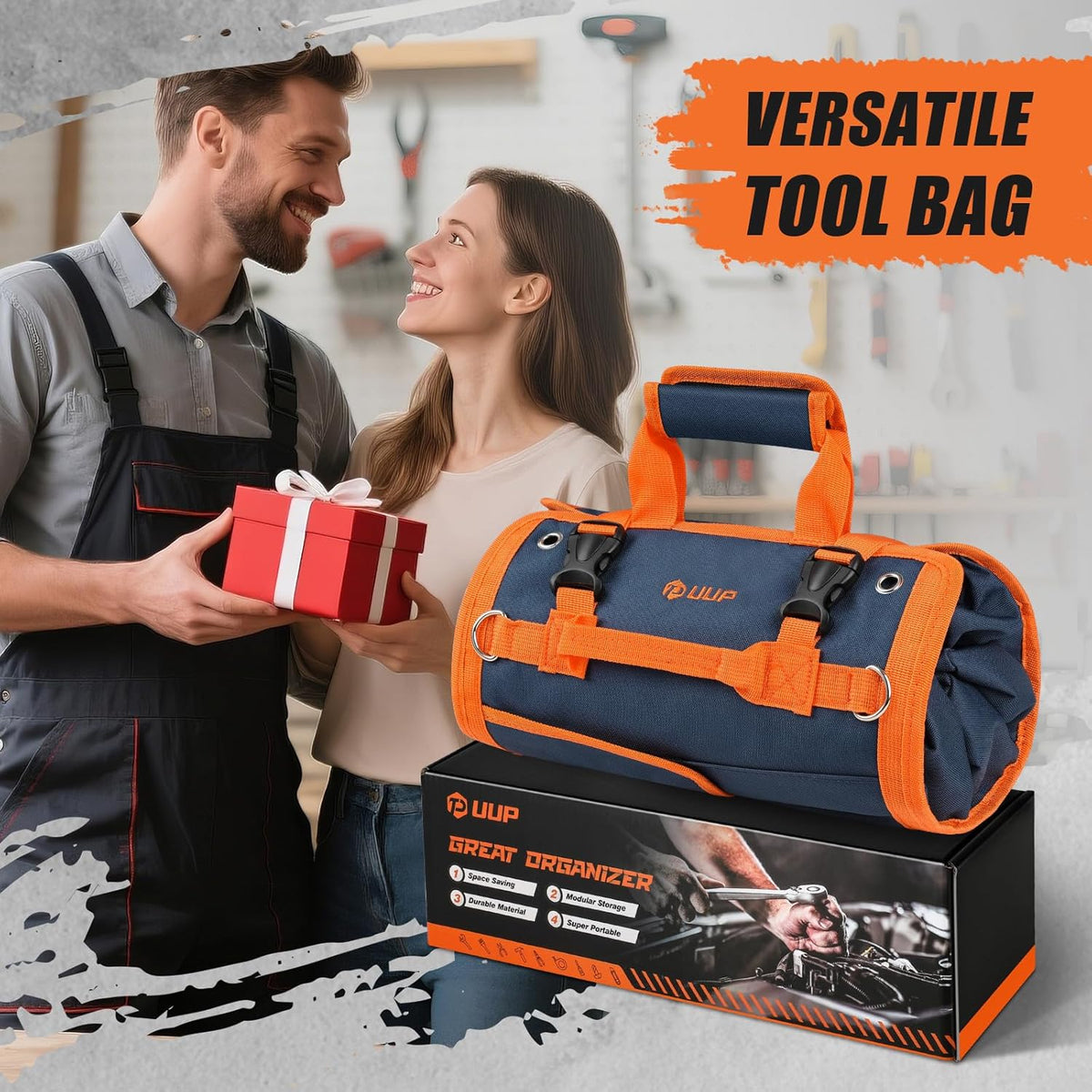 Tool Roll Bag Heavy Duty Tool Bag Gifts for Men Dad Mechanic, Blue Orange