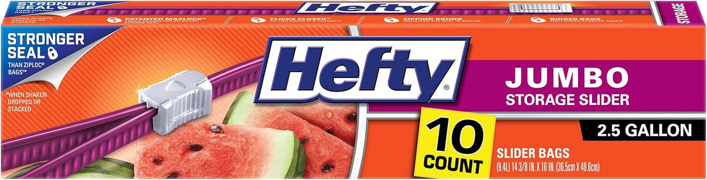 Hefty Slider Jumbo Storage Bags, 10 Count, 2.5 Gallon Extra Large Storage Bags for Bulk Leftovers, Travel Clothes, Shoes, Office Supplies, and More, Writable Label, Secure Zip and Click Closure