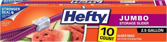 Hefty Slider Jumbo Storage Bags, 10 Count, 2.5 Gallon Extra Large Storage Bags for Bulk Leftovers, Travel Clothes, Shoes, Office Supplies, and More, Writable Label, Secure Zip and Click Closure