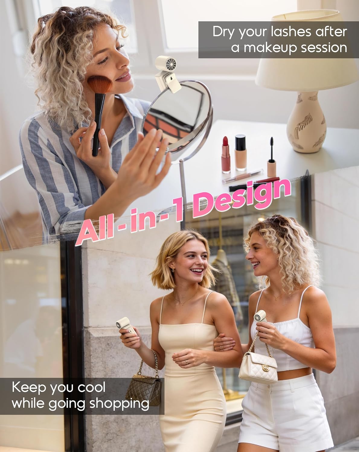 Portable Clip-On Mini Fan, Hands-Free, Turbo Personal Handheld Fans Rechargeable w/ 4 Wind & LED Display, Pocket Size Summer Cooling Essentials for Travel/EyeLash/Beach/Concert, Gifts for Women(Ivory)