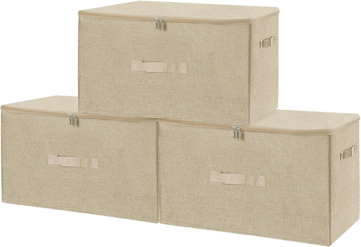 ANMINY Fabric Storage Bins with Zipper Lids, 20"x15"x12", Beige, 3 PCS