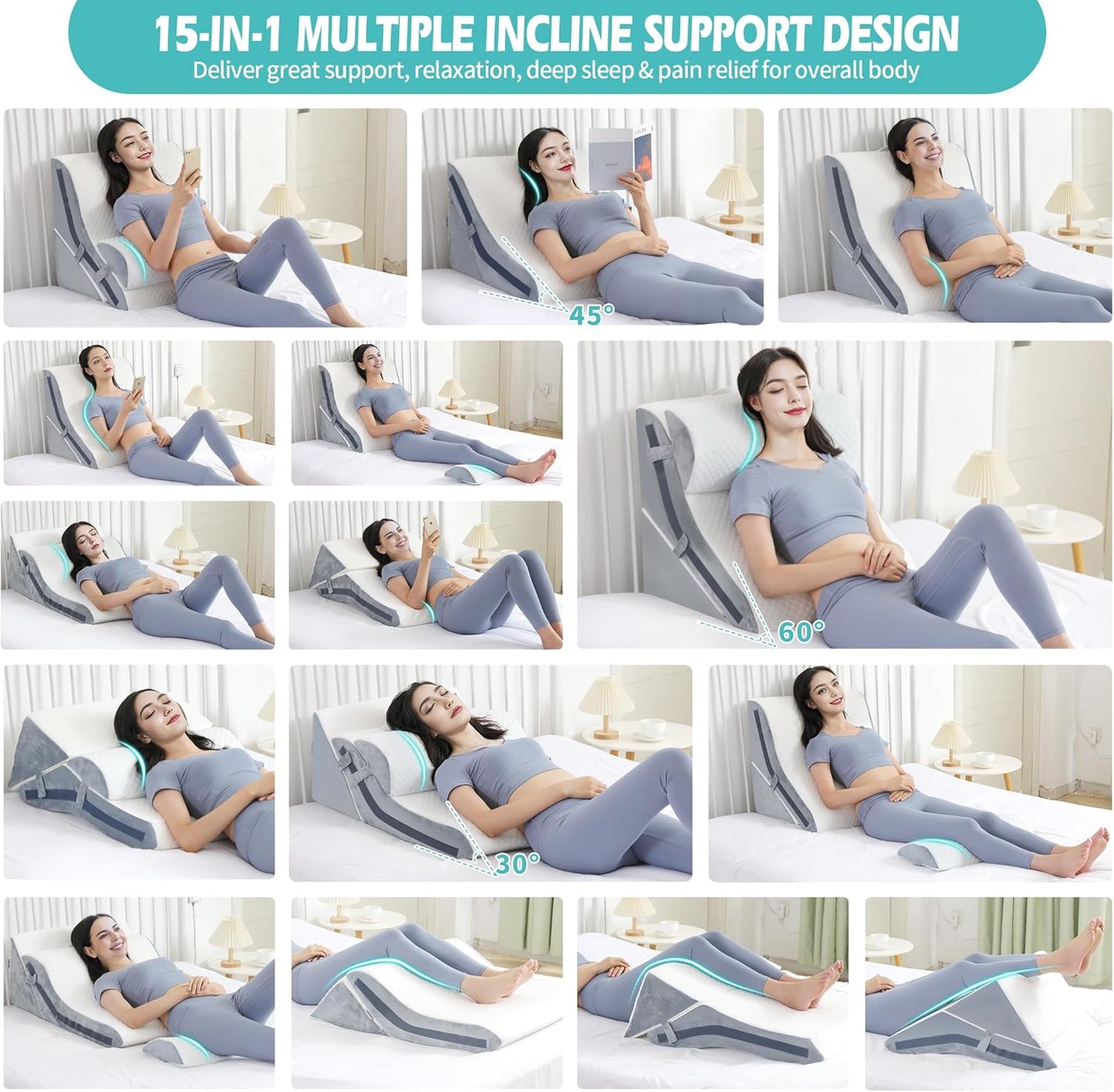 Wedge Pillow for Sleeping, Orthopedic Bed Wedge Pillow Set, 15-in-1 Adjustable Memory Foam Wedge Pillow Post Surgery, 9 &16 & 20 inch Height 3-in-1 Incline Pillows Wedges for Acid Reflux/Snoring