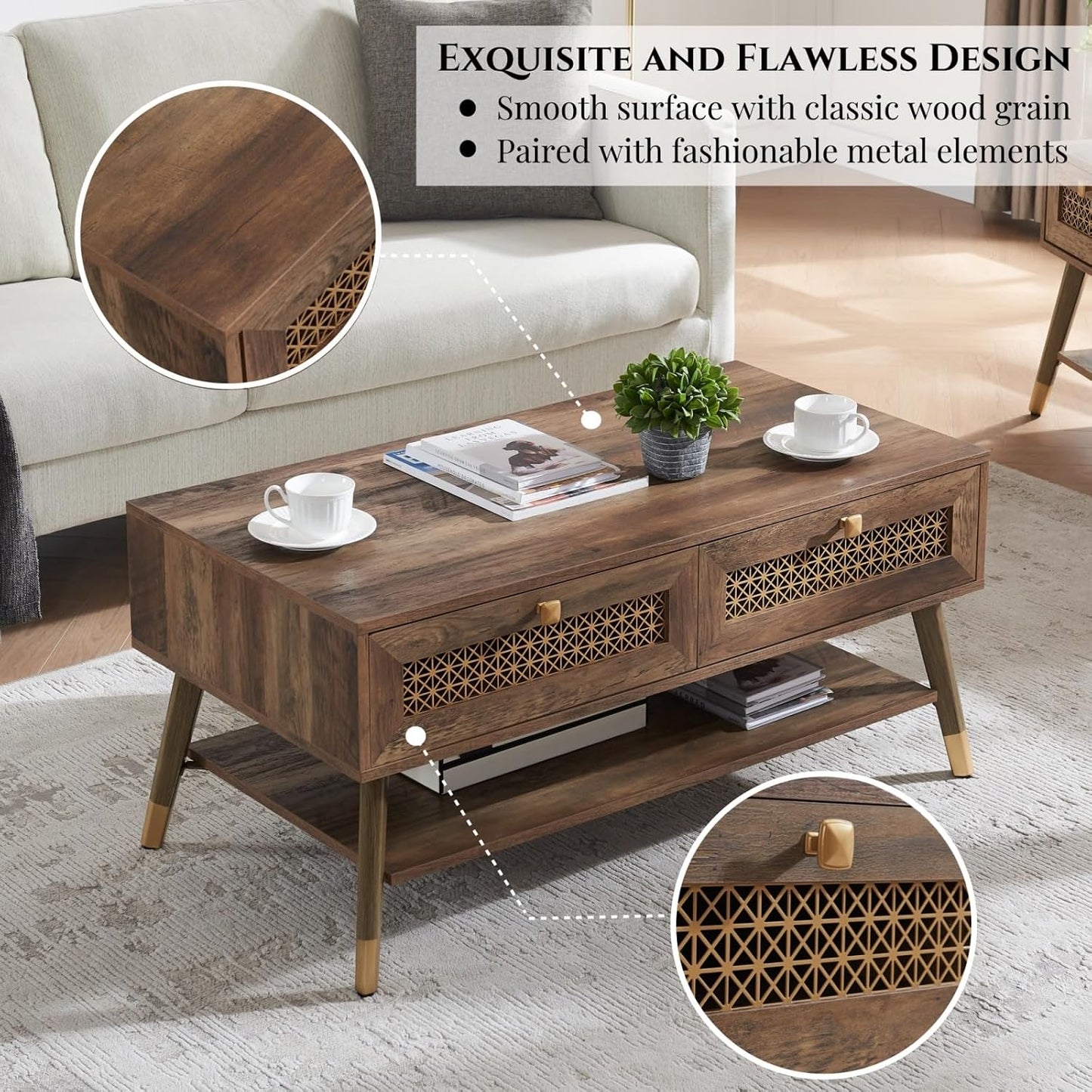 Mid Century Modern Coffee Table with Storage Drawers & Open Shelf, Solid Wooden Boho Rectangle Table with Metal Legs Designed for Living Room, Office, Lounge. Rustic Oak Color with Golden Decor
