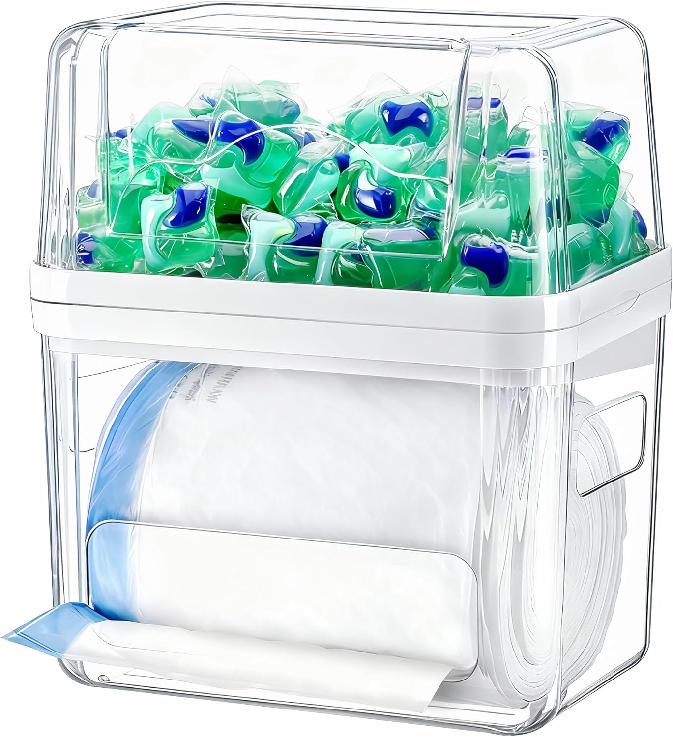 iCASA Trash Bag Dispenser and Dishwasher Pod Organizer, 3 in 1 Dish Pod and Trash Bag Holder Large Garbage Bag Dispenser, Laundry Detergent Pods & Tabs Container Kitchen Under Sink Organizer