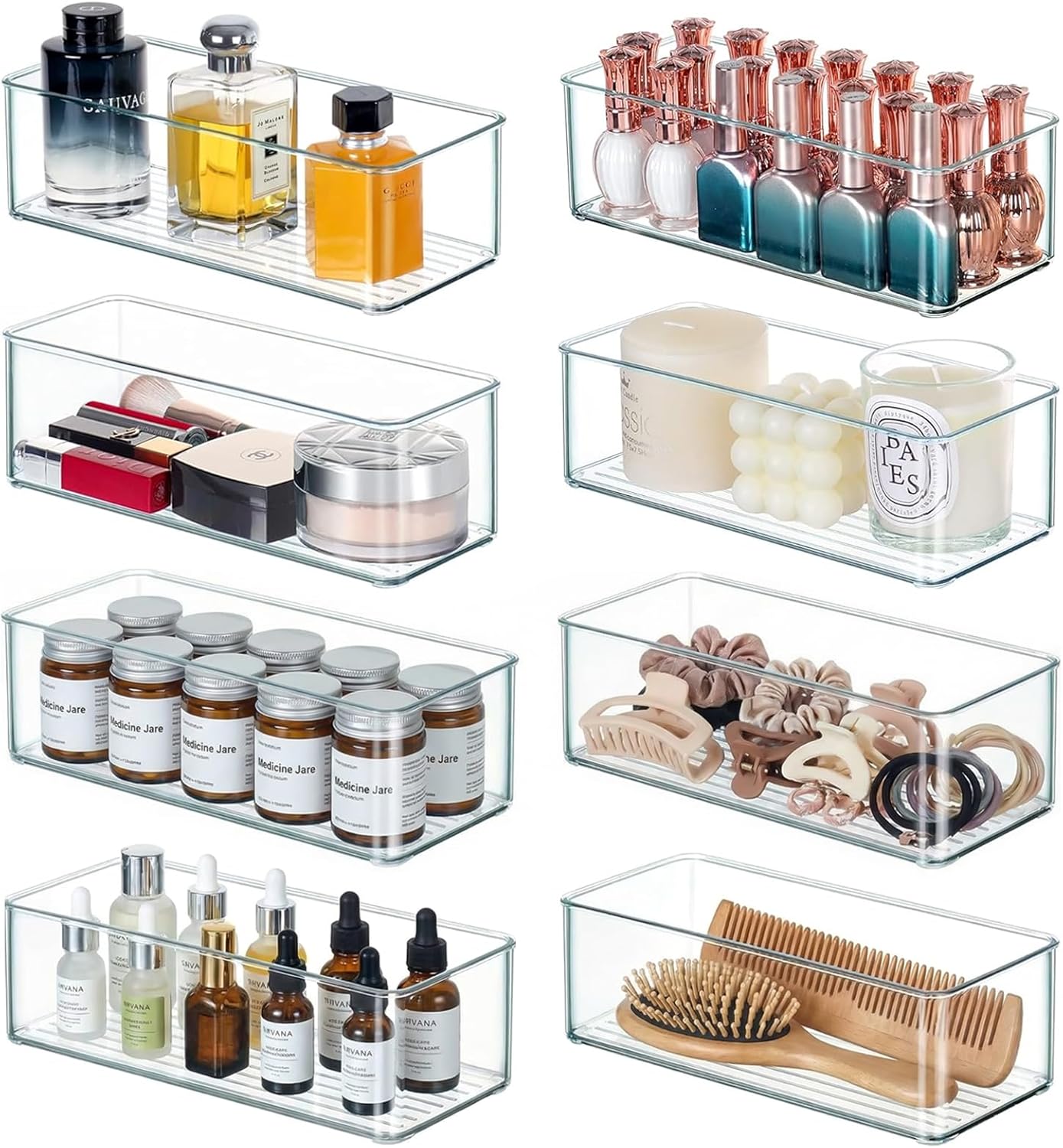 Qilinba 8 PACK Drawer Organizers Deep Drawer Organizer Bins Silverware Organizer Clear Stackable Storage Bins for Bathroom, Pantry, Office, Vanity, Desk Organization and Storage
