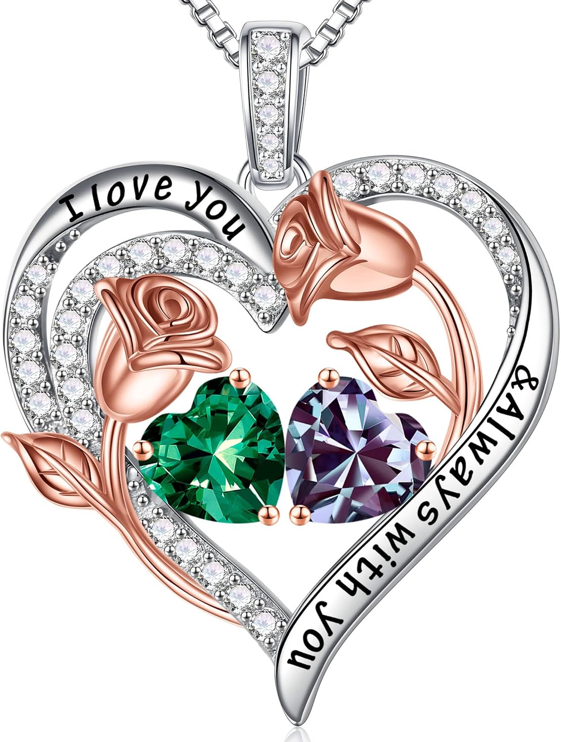 Iefil Birthstone Necklace for Women - Rose Heart Necklace
