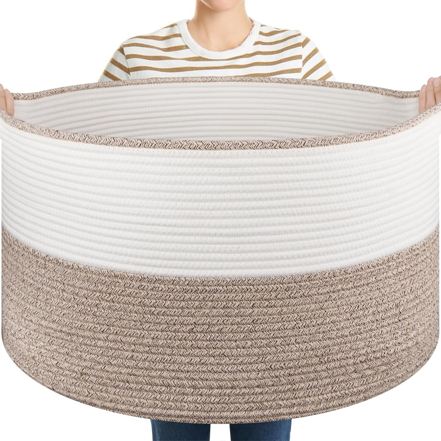 OIASKET Large Blanket Basket with Handles, 22.8" x 22.8" x 13" Woven Storage Basket for Living Room, Cotton Rope Baby Toy Storage for Clothes, Pillows, Towels-Brown & White