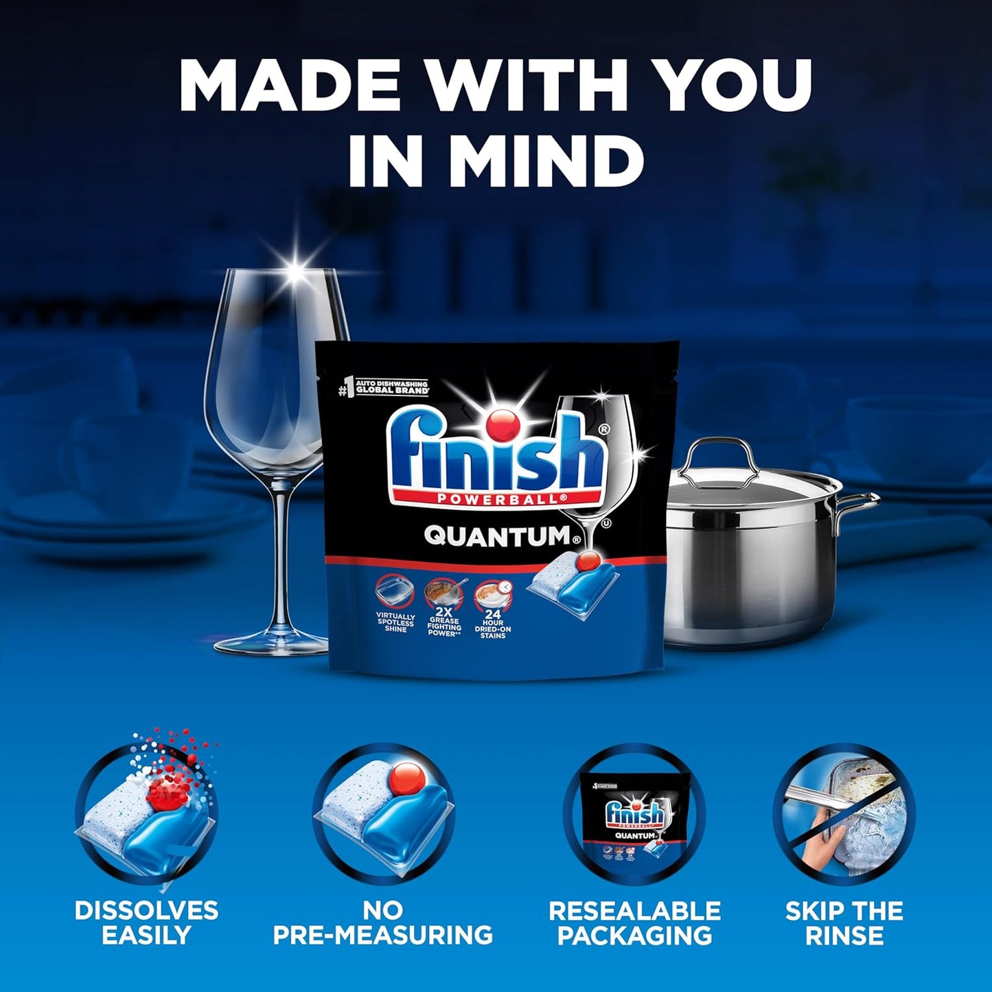 Finish Quantum Dishwasher Pods, No Pre-Rinse Dishwasher Detergent Soap Removes 24HR Dried-On Stain and Grease, Leaving a Virtually Spotless Shine, 82 Count
