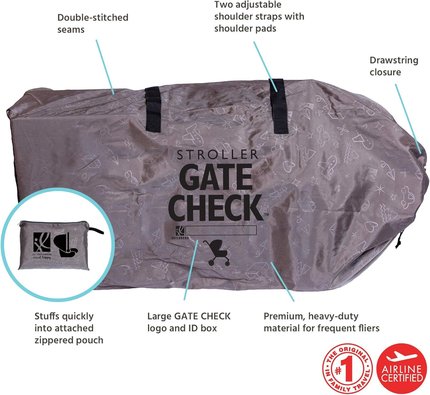J.L. Childress Gate Check Bag for Single & Double Strollers - Travel Bag for Airplane, Fits Most Standard Baby Strollers, Airport Accessories for Gate Check, Flying Essentials - Deluxe, Grey
