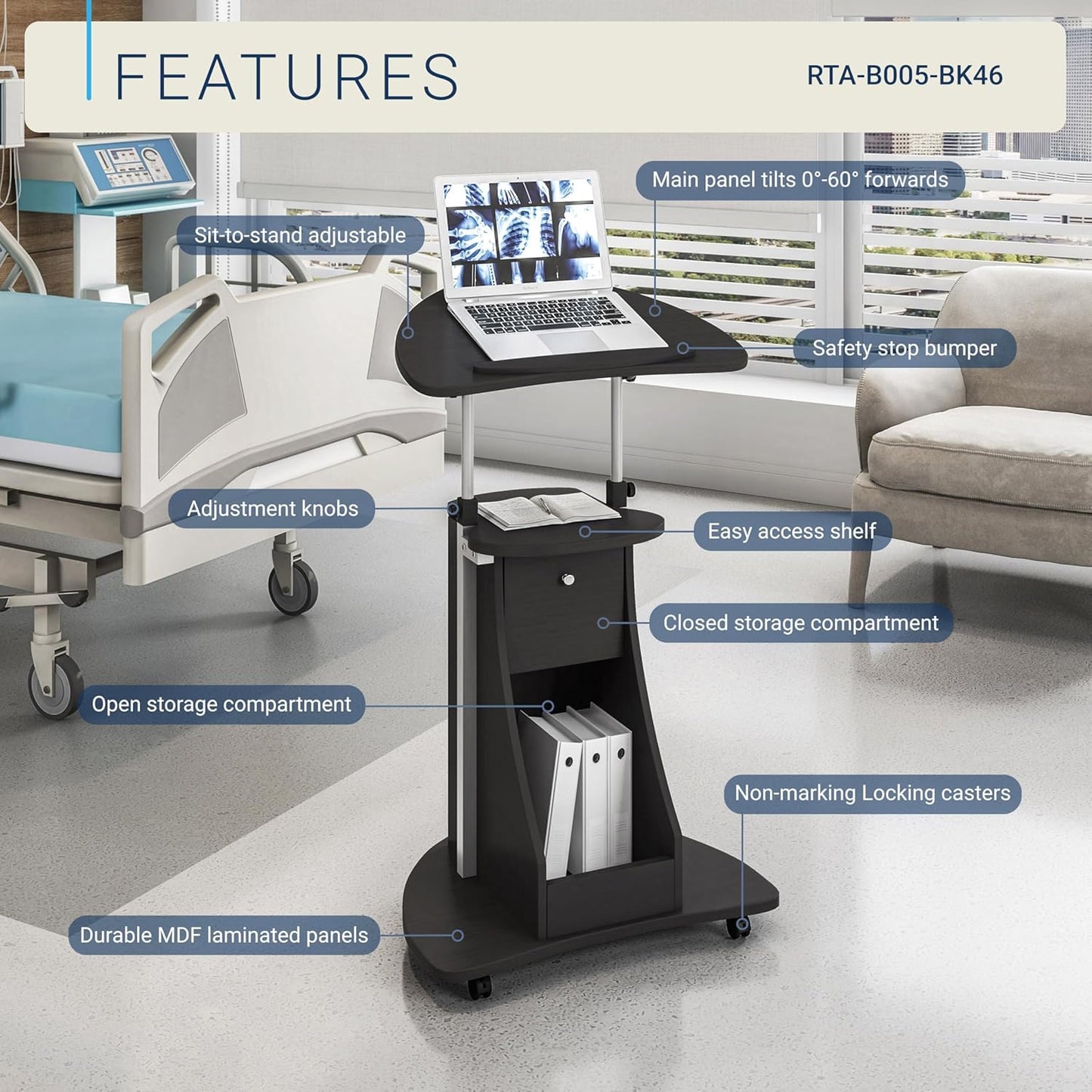 Techni Mobili Sit-to-Stand Mobile Medical Laptop Computer Cart, Black, Adjustable Height, B005