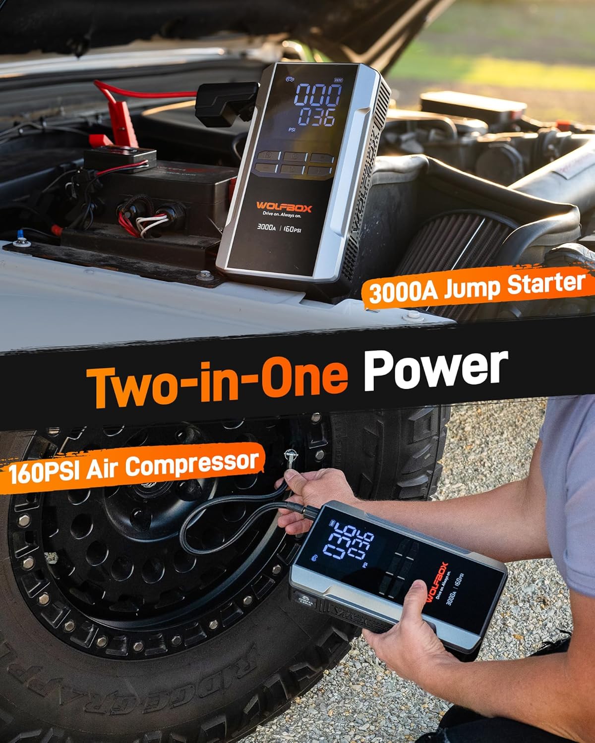 WOLFBOX 3000A Jump Starter with Air Compressor, 59.2Wh&160PSI Portable Car Battery Jump Starter with 65W Fast Charging, 12V Battery Pack (8L Gas 6L Diesel Engine) with Boost, Light and Jumper Cables