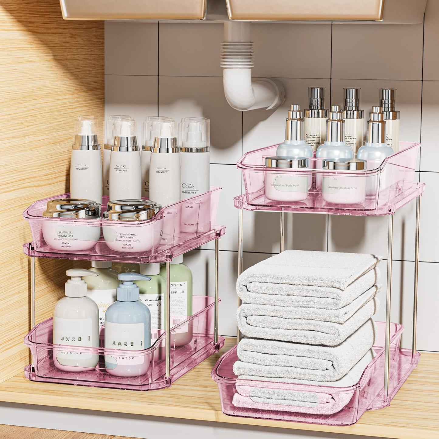 Delamu 2-Tier Under Sink Organizers and Storage, Multi-Purpose Stackable Bathroom Cabinet organizers, Pull Out Kitchen Pantry Organization and Storage with Dividers(2 Pack, Pink)