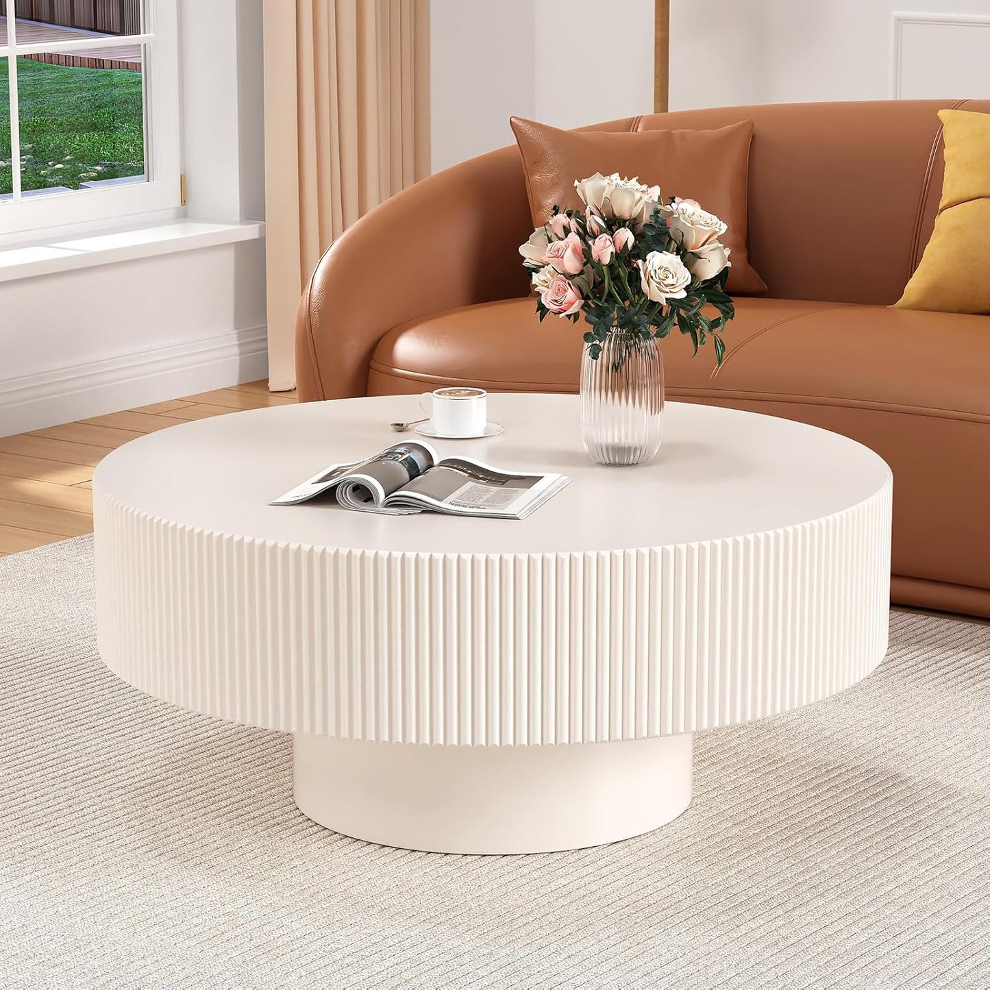 White Round Fluted Coffee Table for Living Room (Ivory White Thick Desktop) | Handcrafted Relief Edges, Mid Century Modern, Circular Drum Coffee Table, Center Tables for Office Outdoor