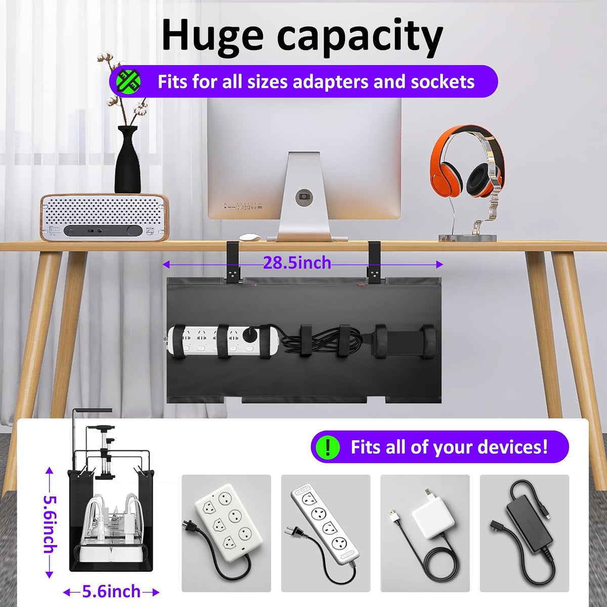 Under Desk Cable Management Tray - Under Desk Cord Management - Clamp/Screw Mount - Fabric Wire Management - Cable Raceways Tray Cord Hiders for Office/Home (Black, 28.5×5.6")