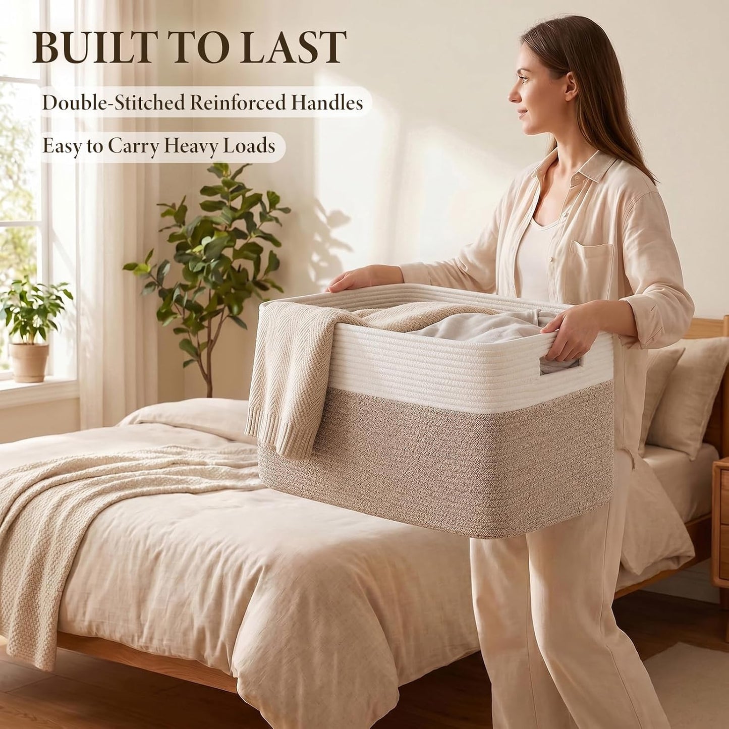 75L Large Cotton Rope Basket, Soft Toy Storage Bin for Nursery & Living Room, Decorative Blanket Basket for Bedroom, Baby-Safe Organizer for Pillows &Laundry, 22''×17''×12'', Brown and White