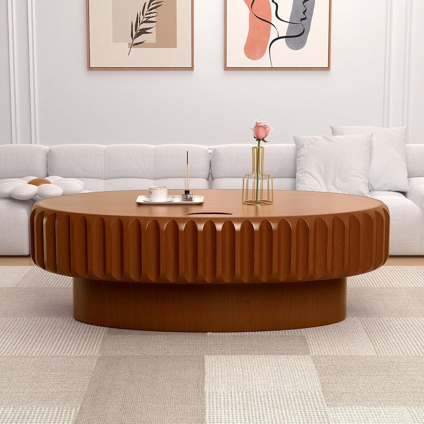 43.3'' Oval Coffee Table with Storage for Living Room, Brown | Mid Century Modern Fluted Drum Wood Coffee Tables with Lid, Sturdy Pedestal Center Tables for Apartment, Easy Assembly