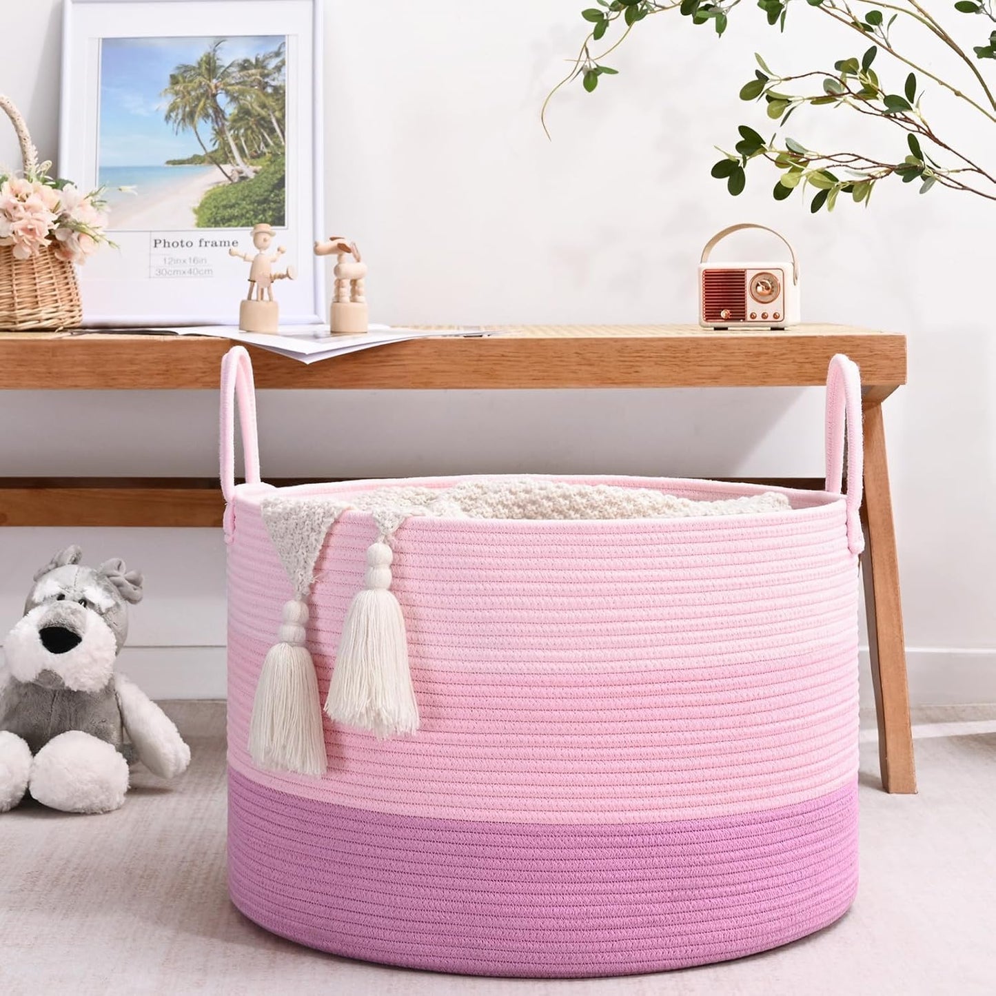 67L Large Woven Blanket Basket, Cotton Rope Baby Laundry Hamper with Handles, Kids Toy Basket for Classroom & Nursery, Soft Round Stuffed Animal Storage, Dog Toy Bin - 20"x13", Pink