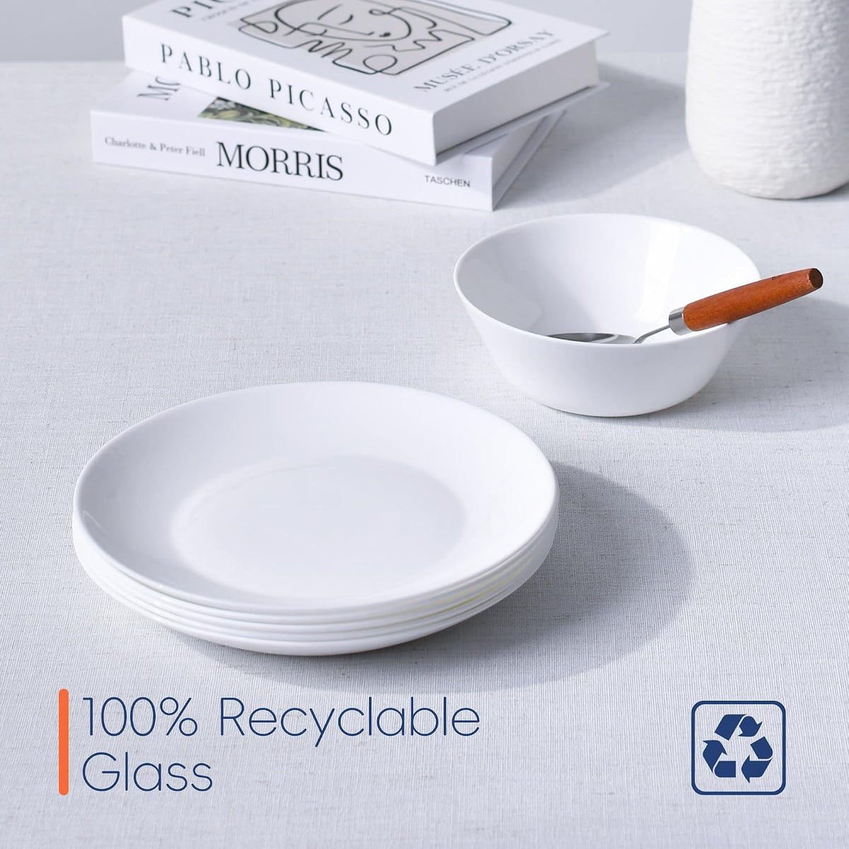 LaGlint 8.5 Inch Salad Plate Set of 6, White Opal Glass Round Plates