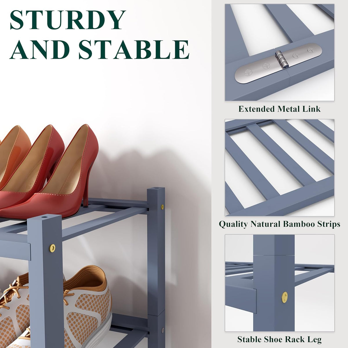 Smiry Bamboo Shoe Rack for Closet, 2 Tier - 26.77" Wide, Grey