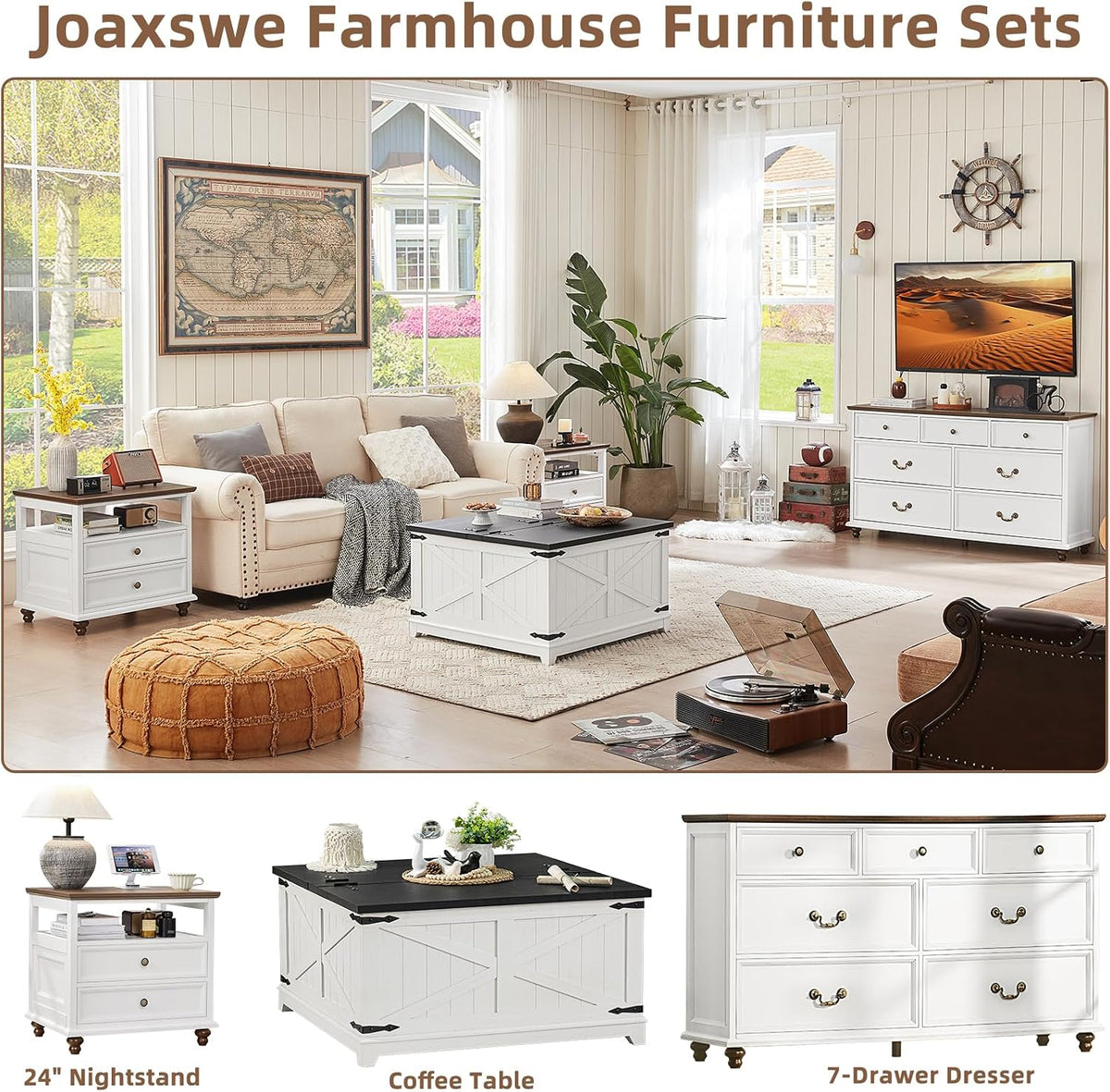 Joaxswe 24" Wide Farmhouse Night Stand Set of 2,Large End Table with 2 Drawers & Metal Handle,White Wood Dresser for Bedroom, Bed Side Table Chest of Drawers Cabinet, Nightstand for Living Room,Closet