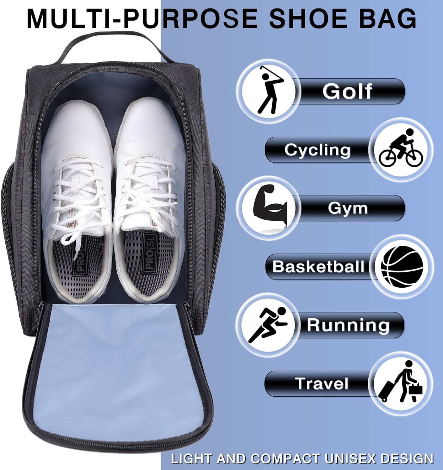 Golf Shoe Bag, Zipper Sports Shoe Strap Bag with Side Accessory Pocket for Storing Golf Accessories, Padded Golf Shoe Carry Bags with Clasped Strap Handle (Black)