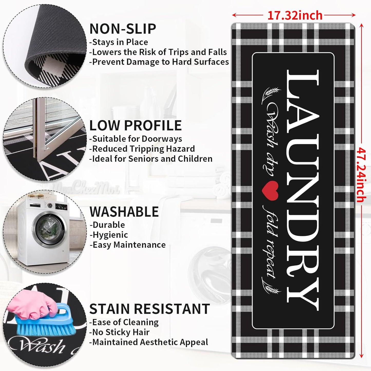 XLHOMO Laundry Room Rug Runner, 17"x47" Buffalo Plaid Non Slip Black Laundry Rugs, Farmhouse Washable Floor Laundry Mats for Laundry Room, Mudroom, Kitchen, Washroom, Bathroom, Entryway Rugs Decor