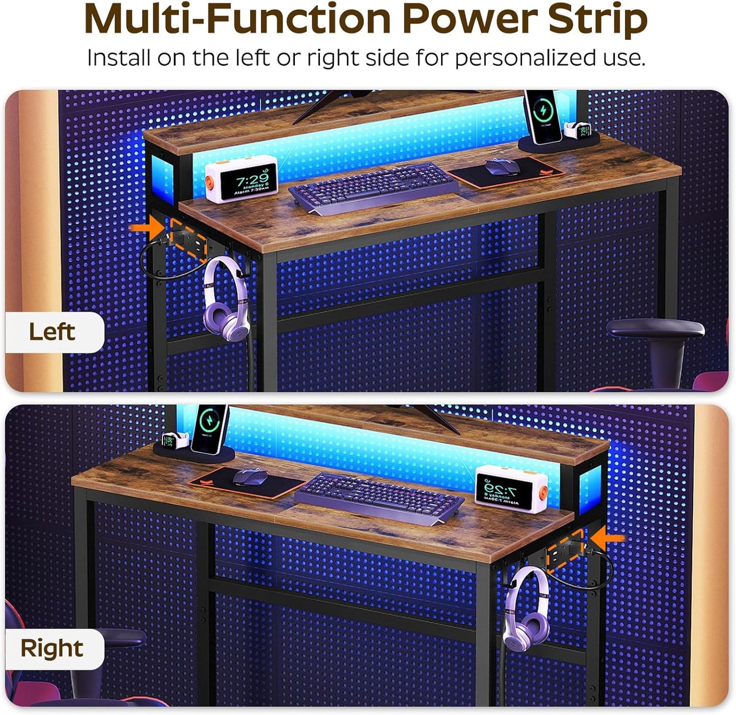 YATINEY Small Computer Desk with Charging Station and LED Lights, Gaming Desk with Monitor Stand, 2-Tier Home Office Desk with 4 Side Hooks, for Living Room, Home Office, Rustic Brown DN01UDBRY2