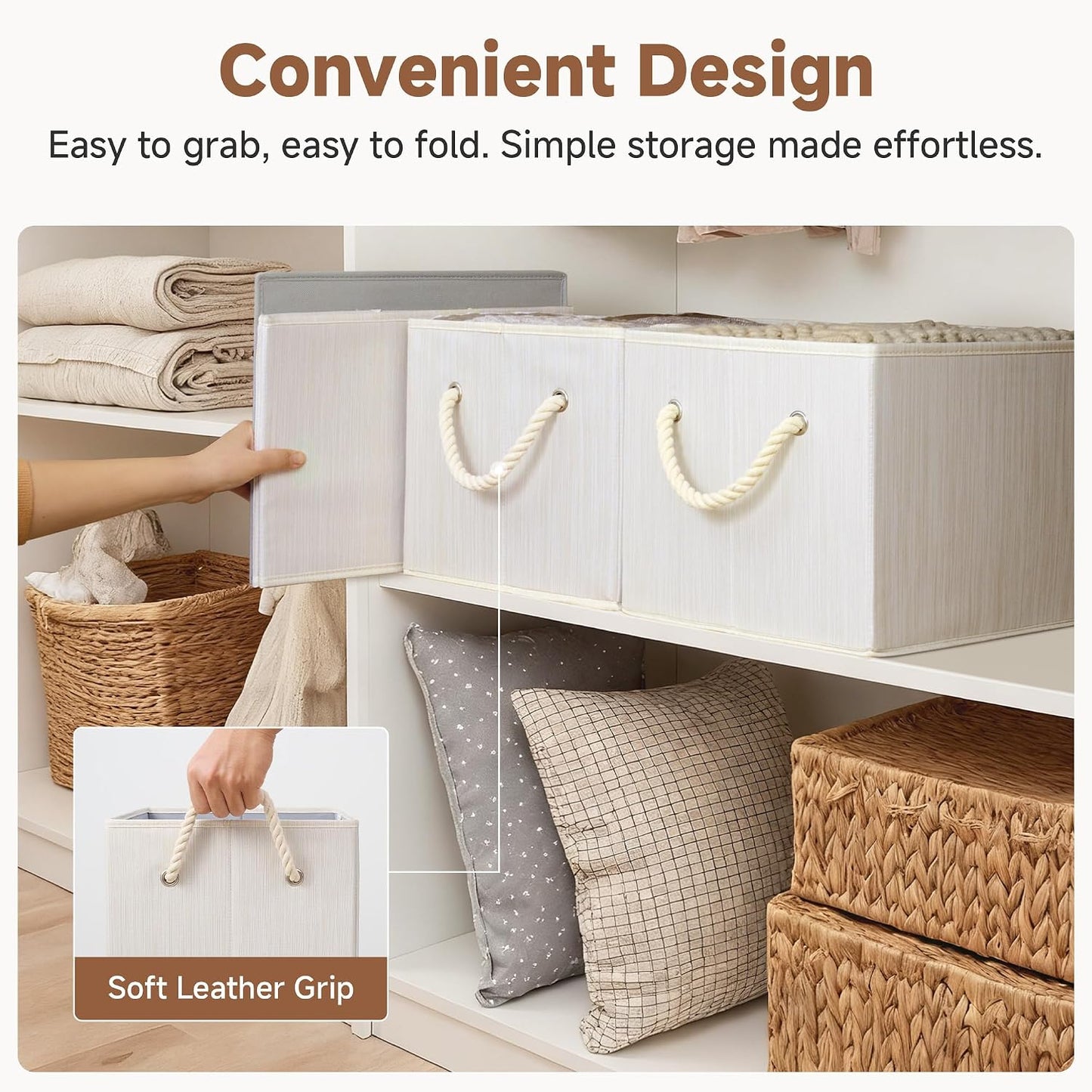 StorageWorks Fabric Storage Bins with Rope Handles, Beige, Extra Large | Collapsible Closet Storage Bins, Closet Organizer Bins for Clothes, Fabric Shelf Baskets and Storage