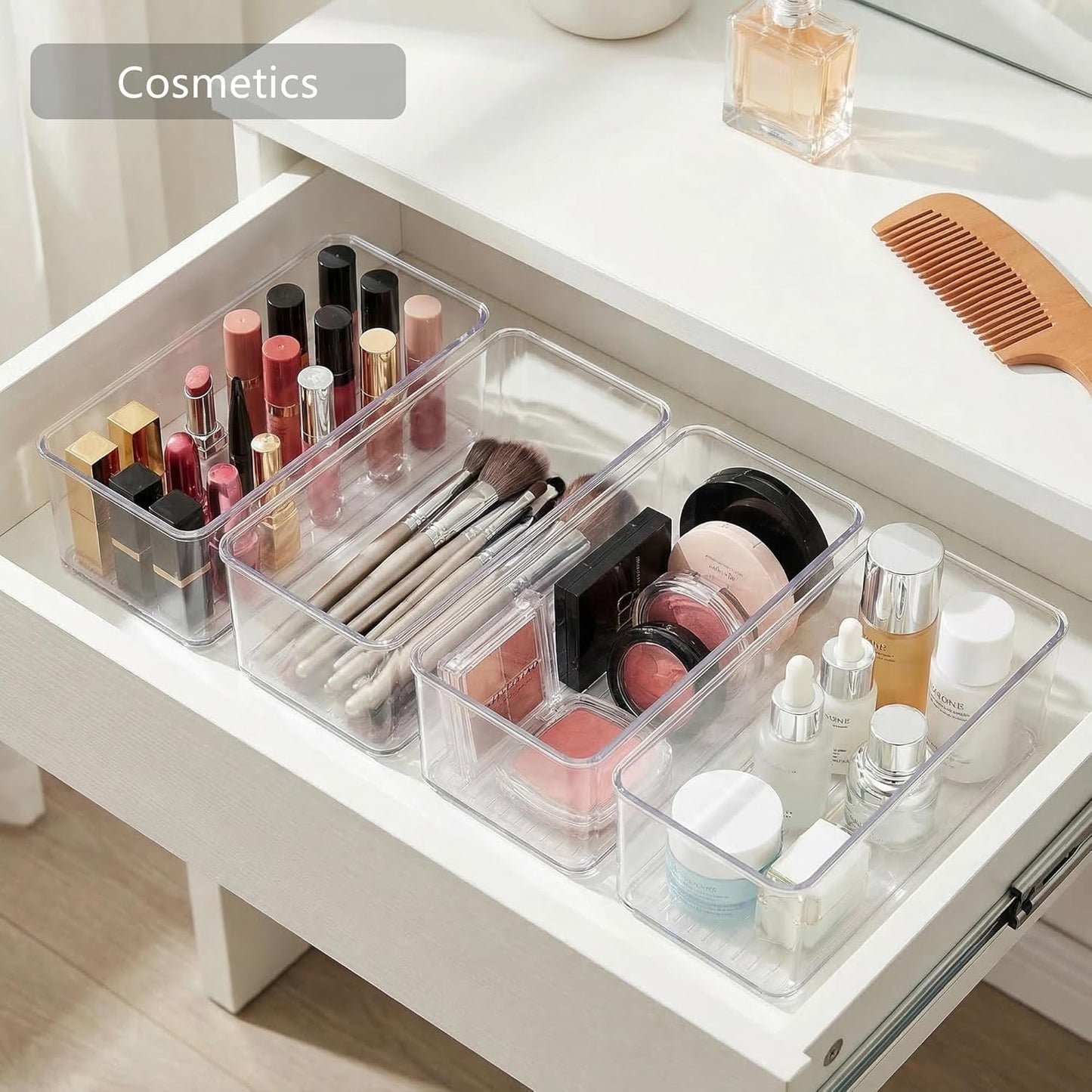 Qilinba 8 PACK Drawer Organizers Deep Drawer Organizer Bins Silverware Organizer Clear Stackable Storage Bins for Bathroom, Pantry, Office, Vanity, Desk Organization and Storage