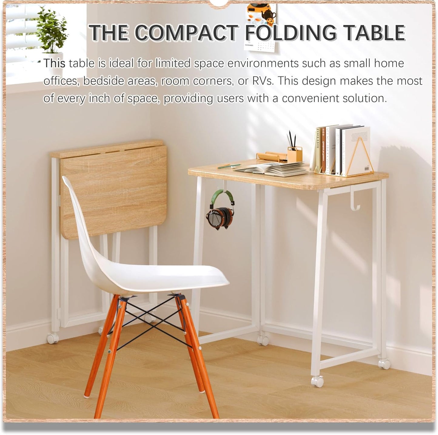 4NM 23.6" Mobile Small Folding Desk, Foldable Rolling Computer Home Office Desk, Study Writing Table for Small Space Saving Bedroom, with Wheels - Natural and White